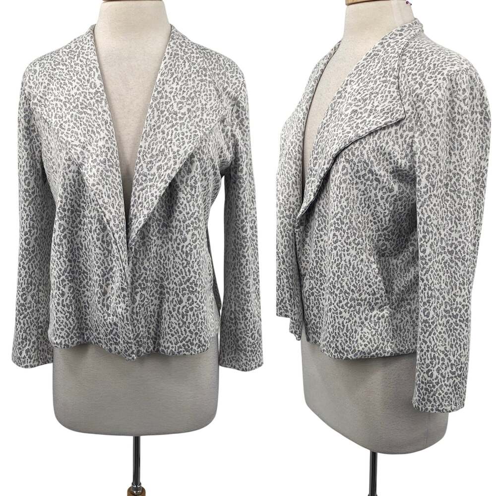Nic + Zoe Animal Print Knit Jacket Open Front Collared Gray White Large Petite